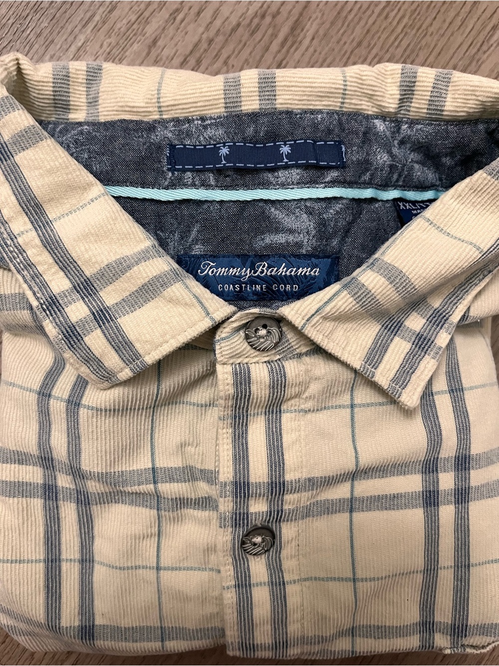 Tommy Bahama Coastline Cord Corduroy Cream and Blue Plaid Button-Down Shirt XXL